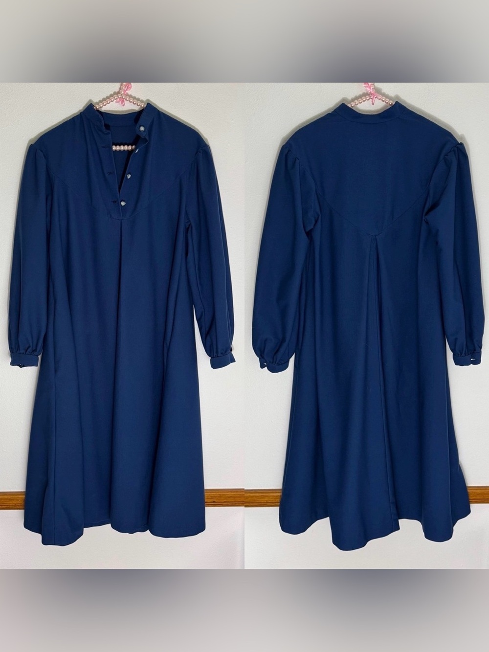 Vintage style navy blue long sleeved dress with floral buttons